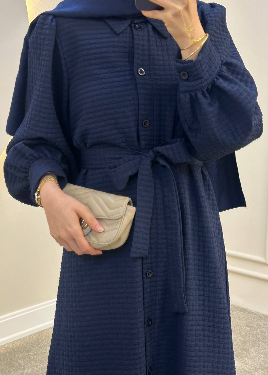 Navy Textured Maxi Dress with Belt