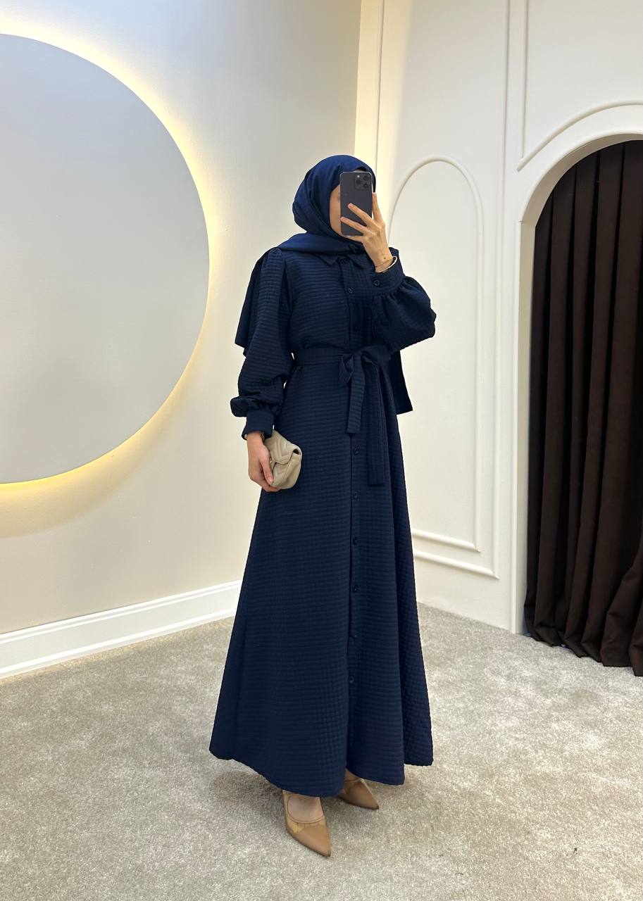 Navy Textured Maxi Dress with Belt