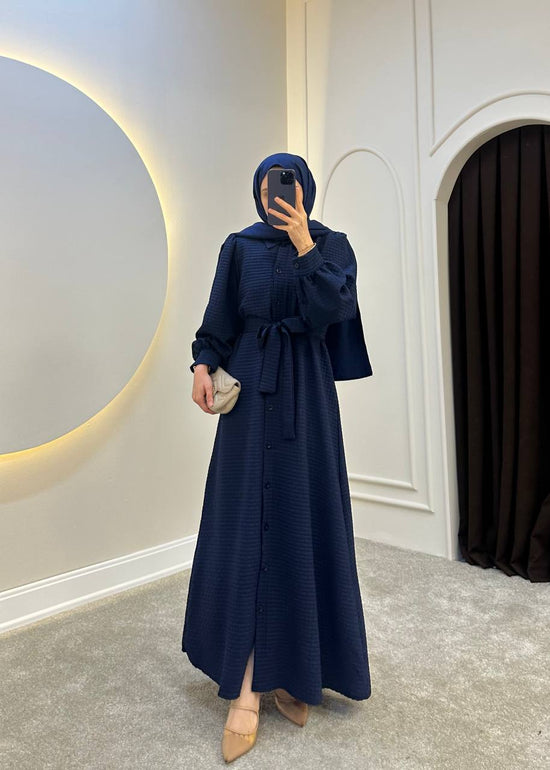 Navy Textured Maxi Dress with Belt