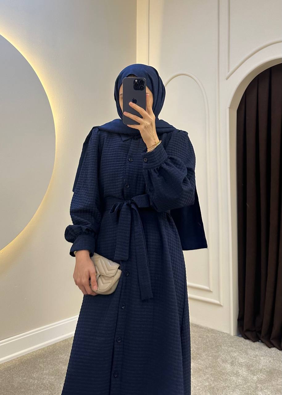 Navy Textured Maxi Dress with Belt