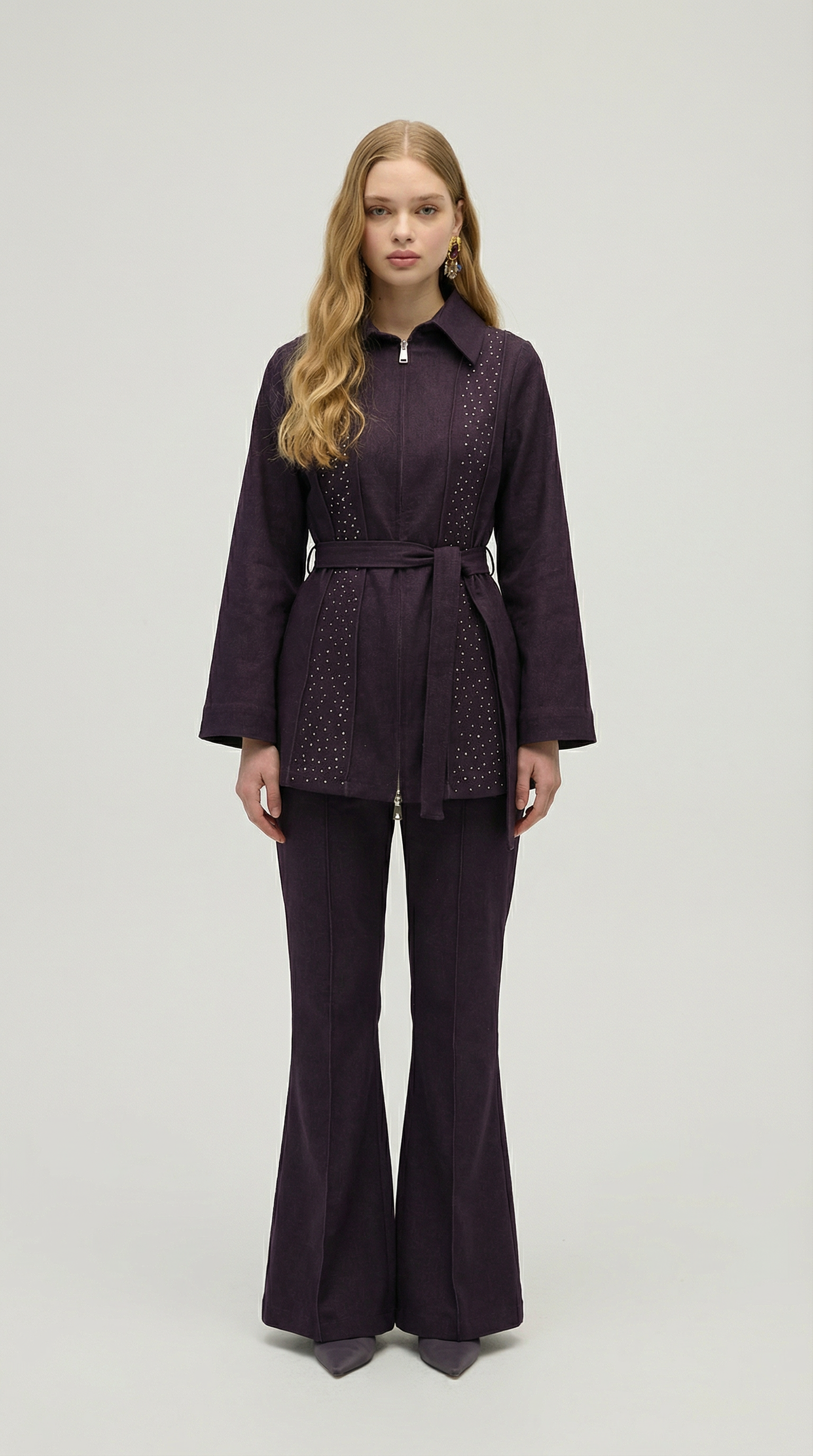 Zip-Up Stone Detail Two-Piece Set
