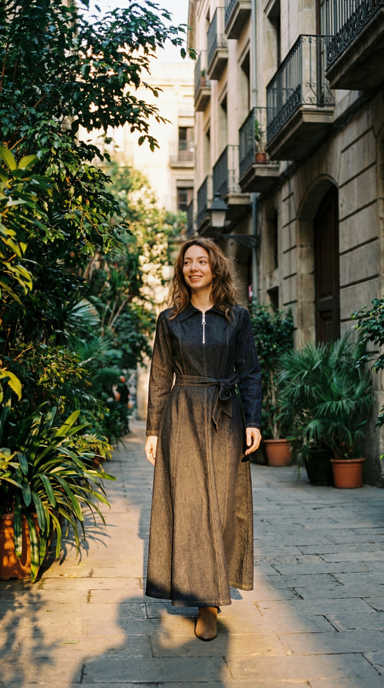 Fermuar Detaylı Kot Elbise